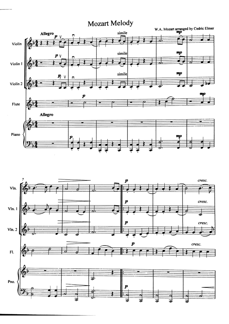 Mozart Melody for violin trio, flute, and piano Small Ensemble scores gallery preview page 1