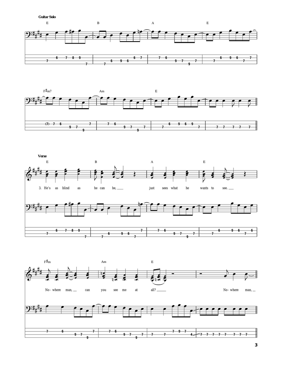 Nowhere Man Bass Guitar Tablature scores gallery preview page 3