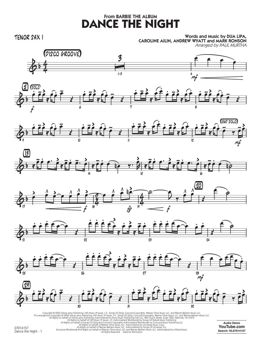 Dance The Night (from Barbie) (arr. Murtha) - Tenor Sax 1