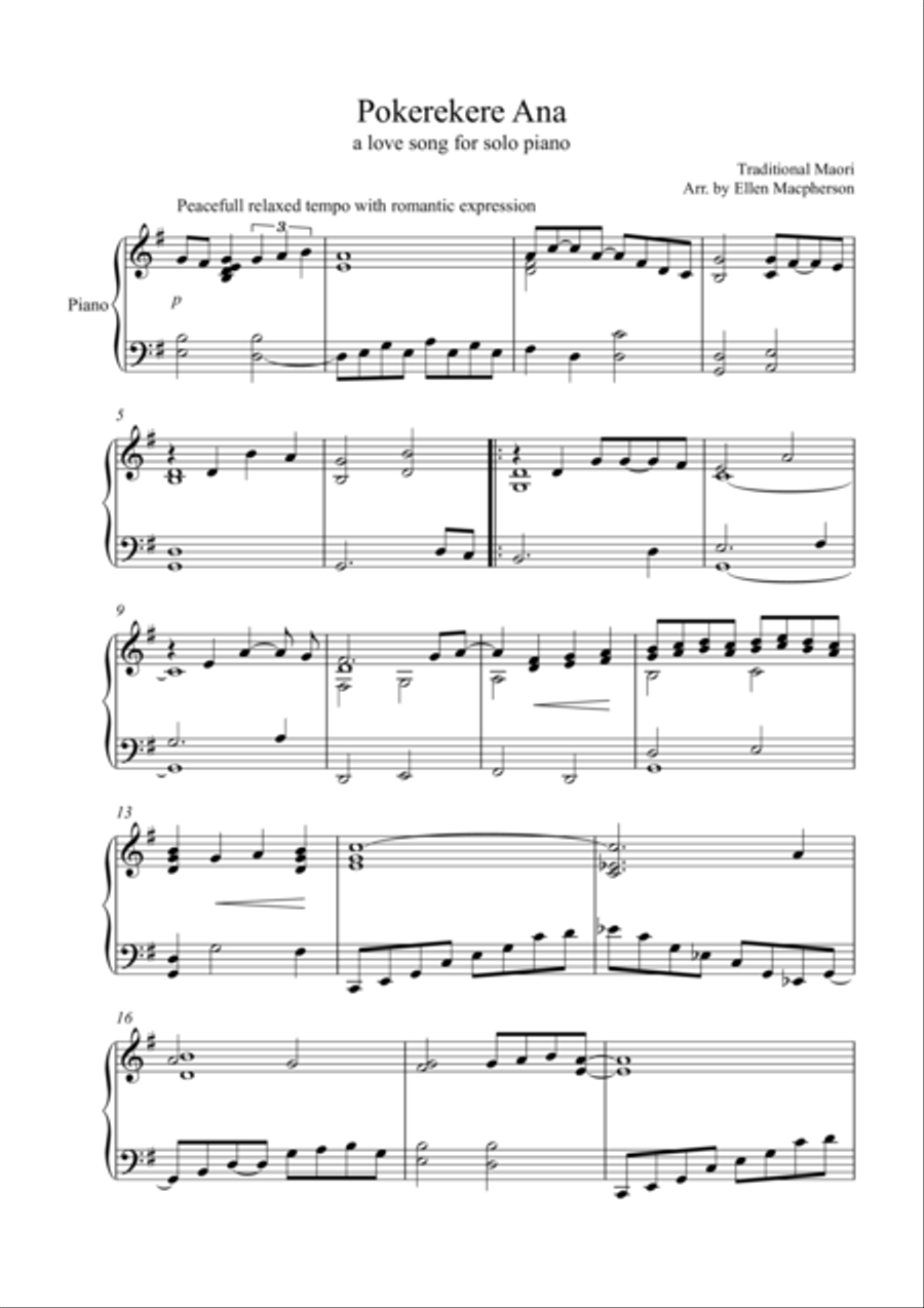 Pokerekere Ana - Traditional Maori Love song for solo piano Piano Solo scores gallery preview page 1