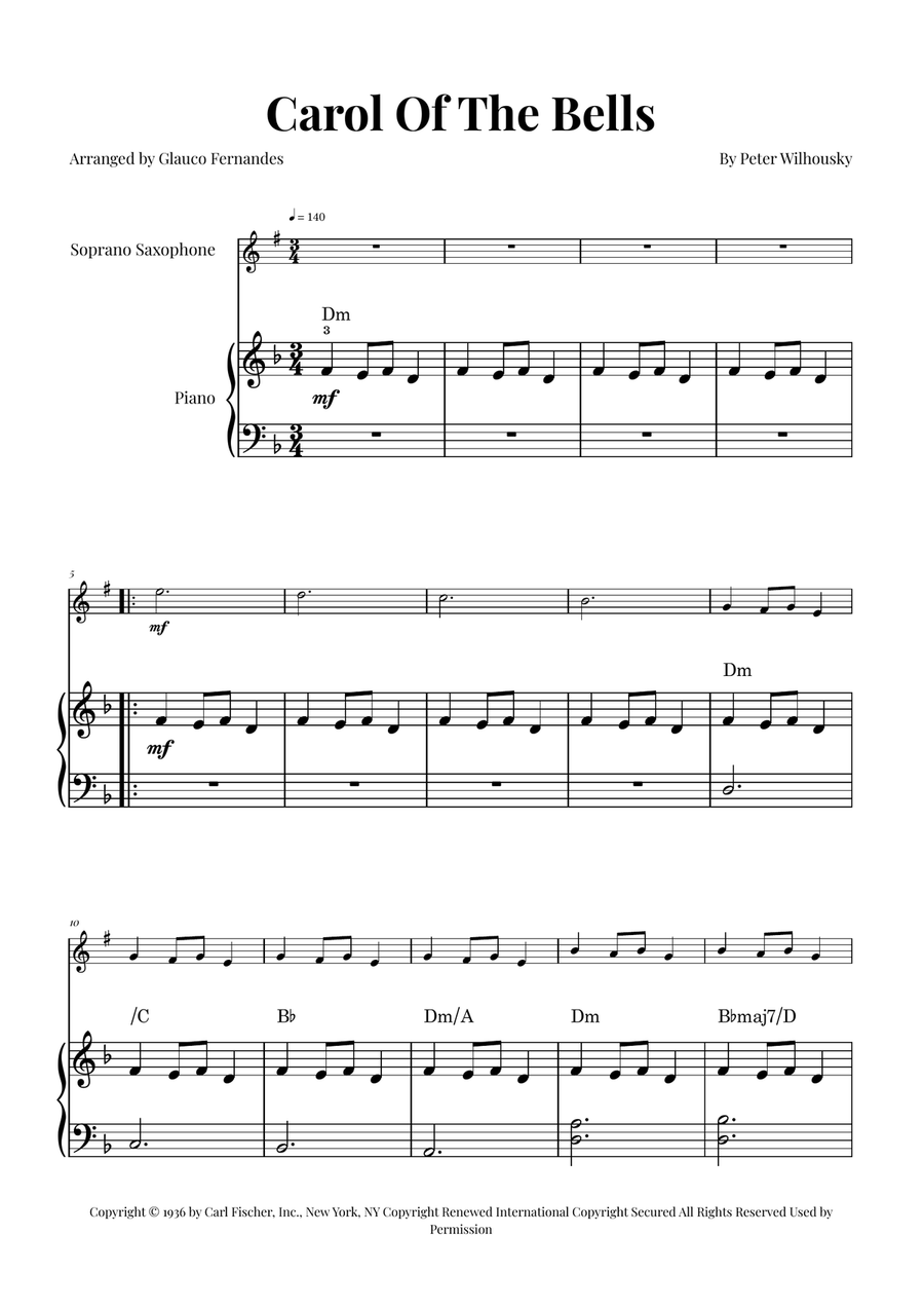 Carol Of The Bells Soprano Saxophone scores gallery preview page 1