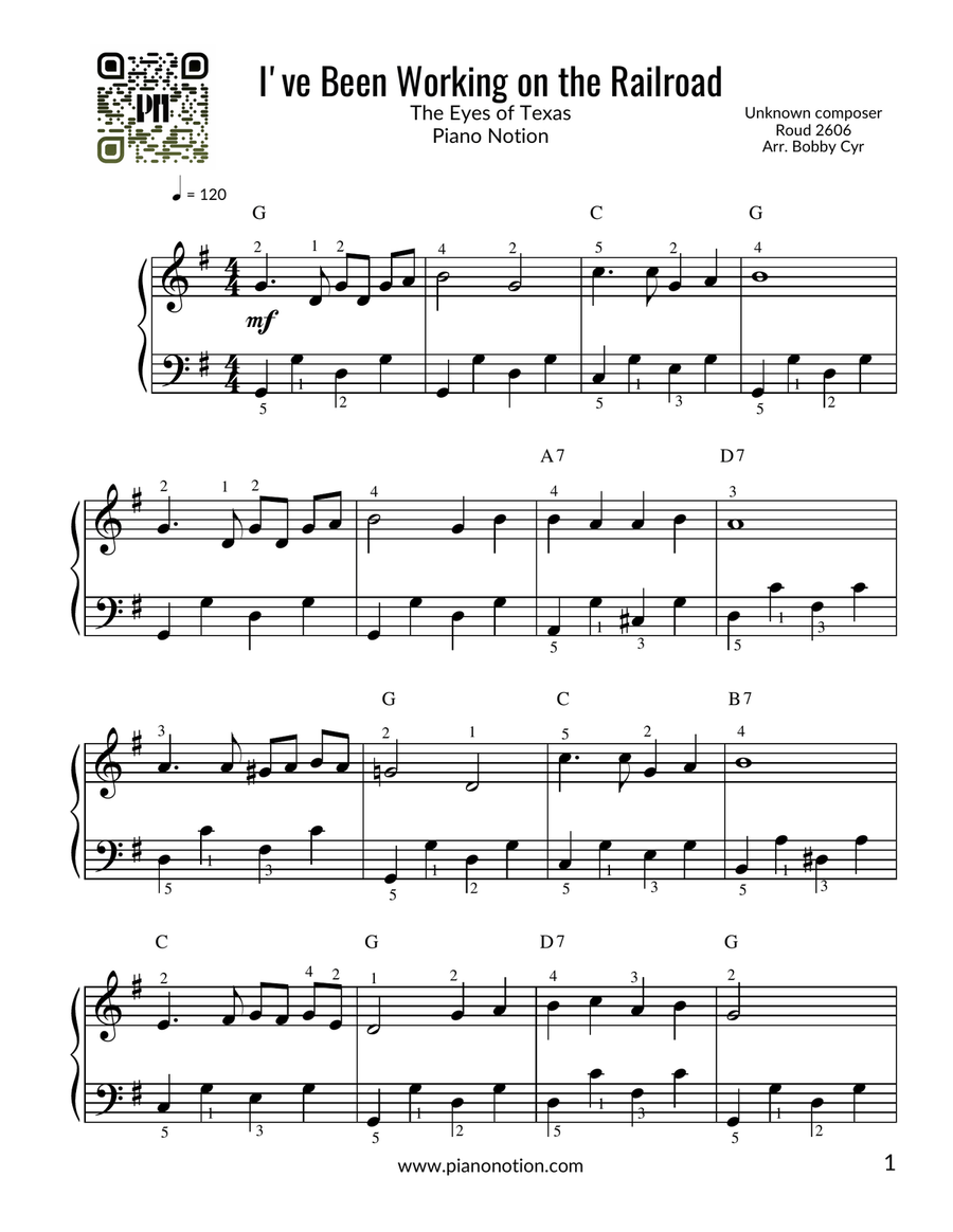 I've Been Working on the Railroad - The Eyes of Texas (Piano Solo) Easy Piano scores gallery preview page 1
