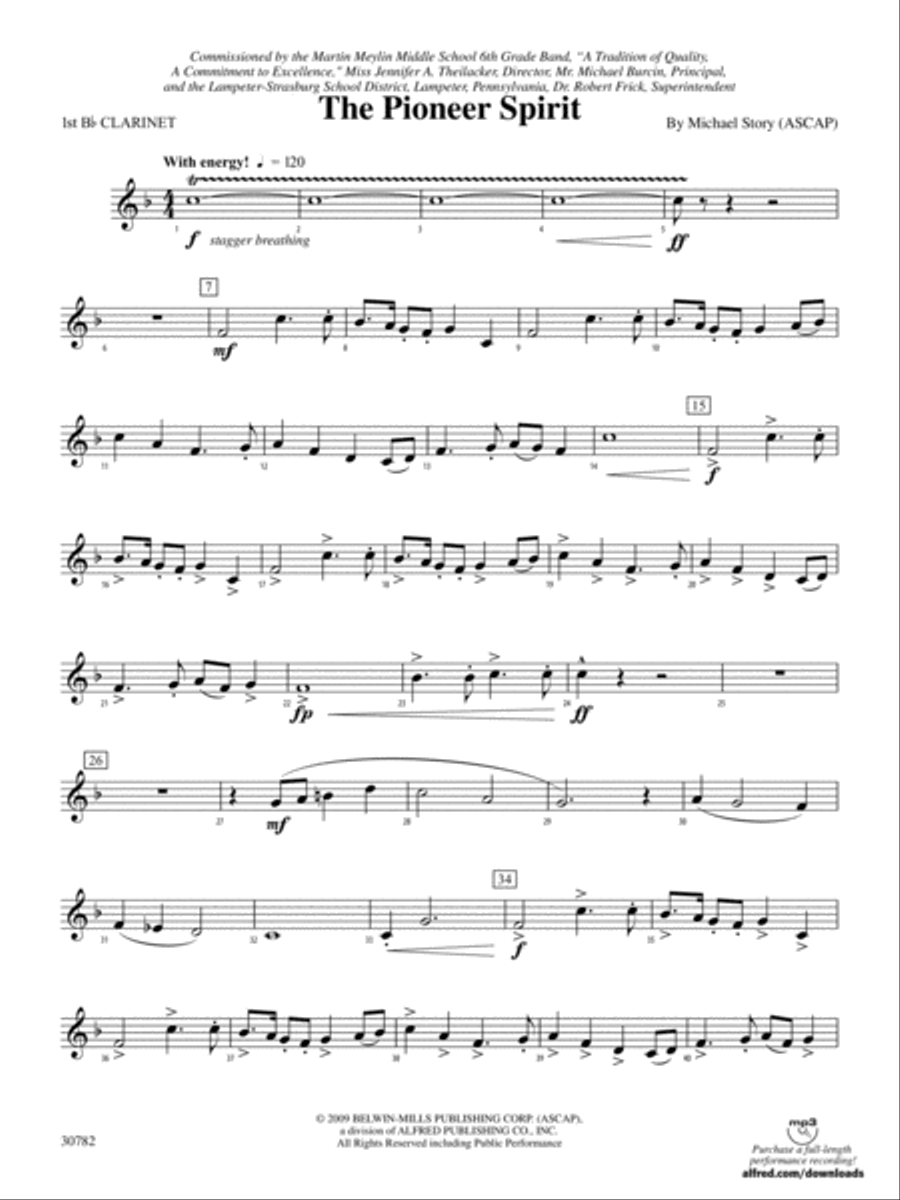 The Pioneer Spirit: 1st B-flat Clarinet Concert Band scores gallery preview page 1