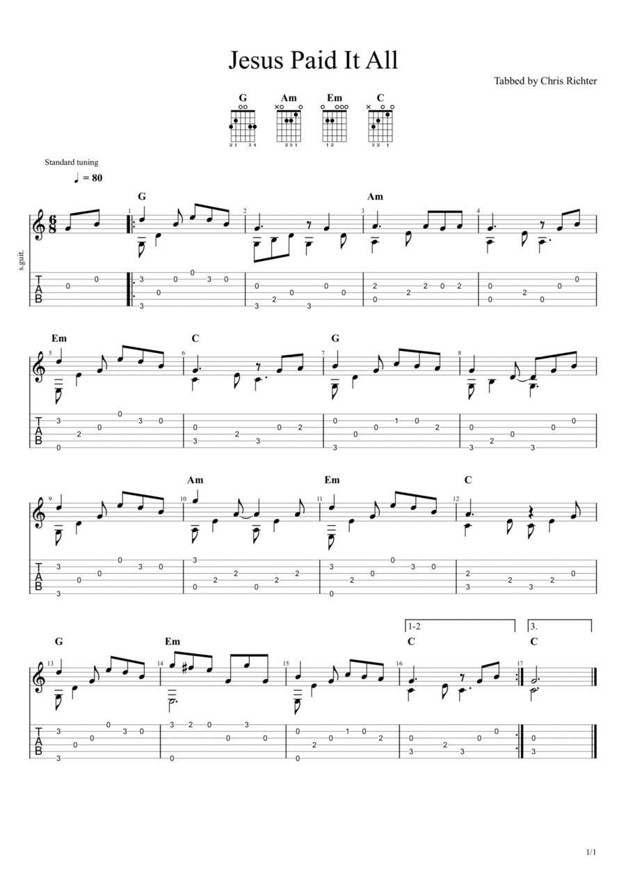 Jesus Paid It All Guitar Tablature scores gallery preview page 1