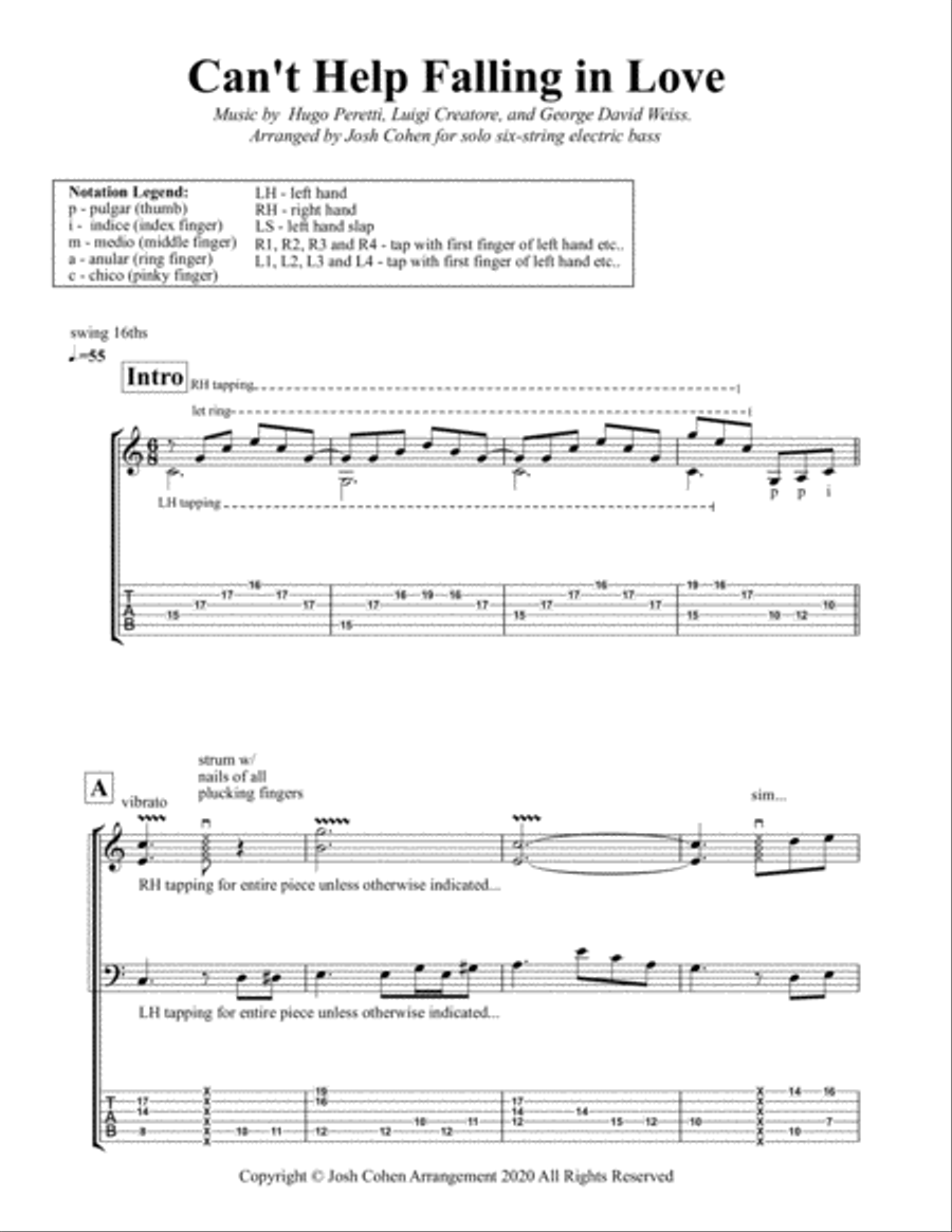 Can't Help Falling In Love Bass Guitar scores gallery preview page 1