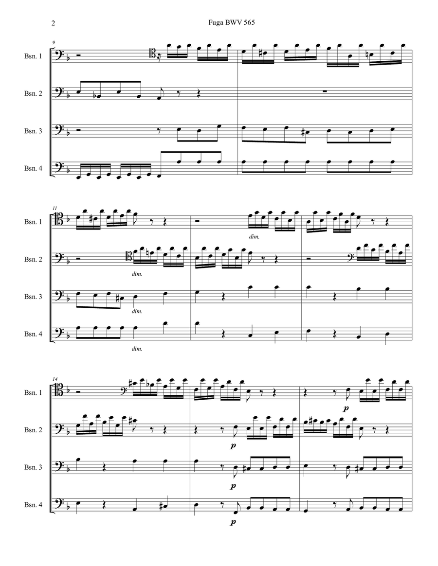 J. S. Bach - Fugue BWV 565 for bassoon quartet Woodwind Quartet scores gallery preview page 3