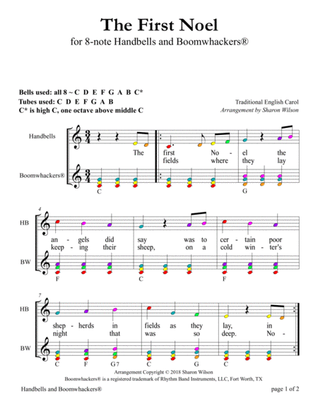 The First Noel for 8-note Bells and Boomwhackers (with Color Coded Notes) image number null