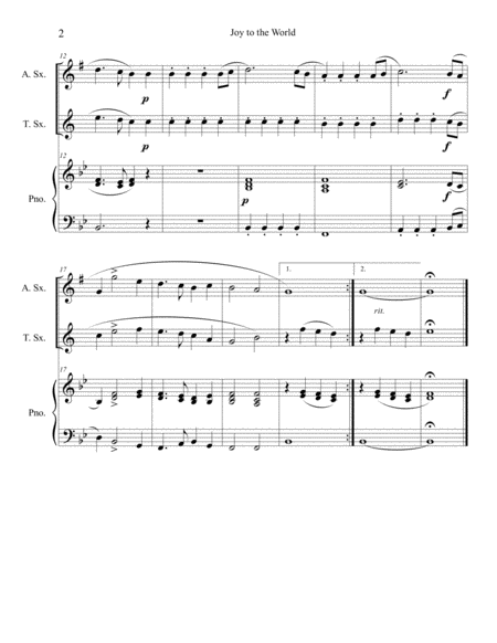 Joy to the World (alto and tenor sax duet) with optional piano accompaniment image number null