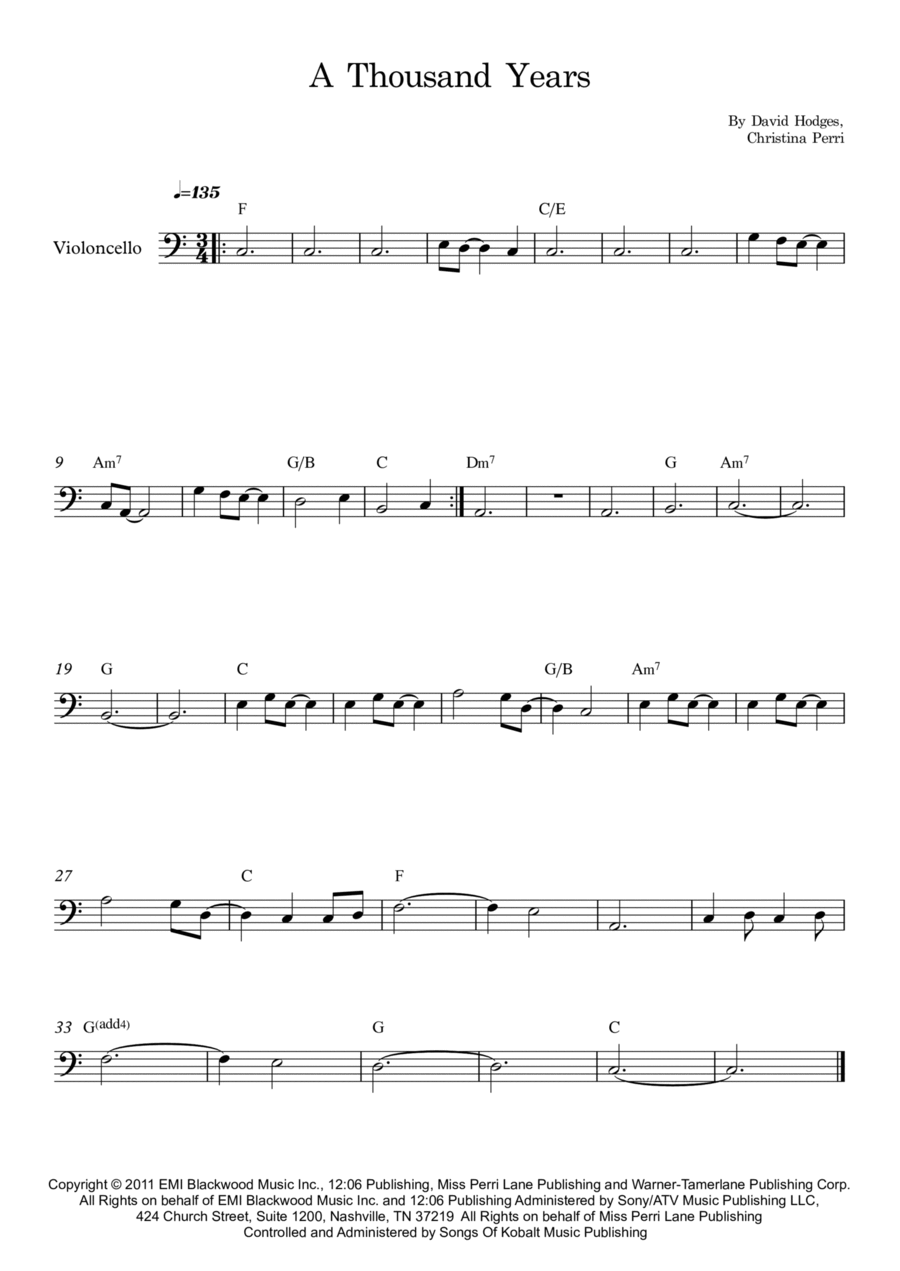 A Thousand Years Cello Solo scores gallery preview page 1