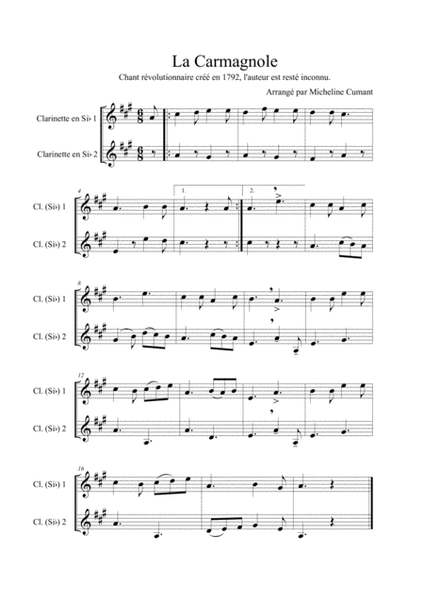 La Carmagnole - Chant Révolutionnaire de 1792 pour 2 clarinettes en si bémol image number null