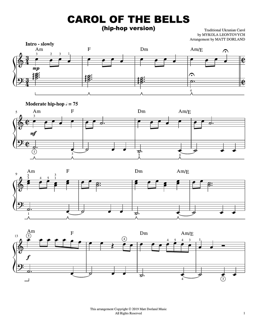 Carol of the Bells (hip-hop version) - Easy Piano Easy Piano scores gallery preview page 1