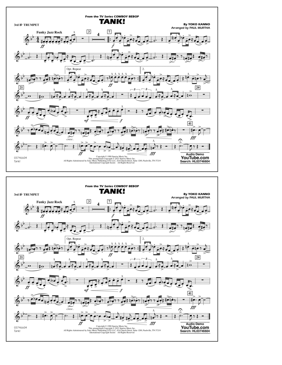 Tank! (from Cowboy Bebop) (arr. Murtha) - 3rd Bb Trumpet Marching Band scores gallery preview page 1