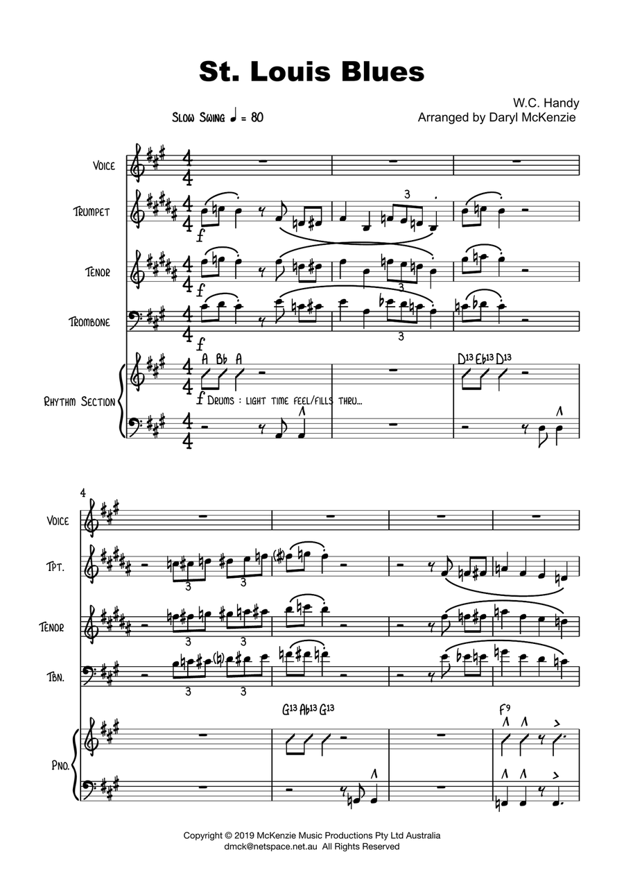 St. Louis Blues - Vocal With Jazz Combo (3 Horns) - Key of A Jazz Ensemble scores gallery preview page 1