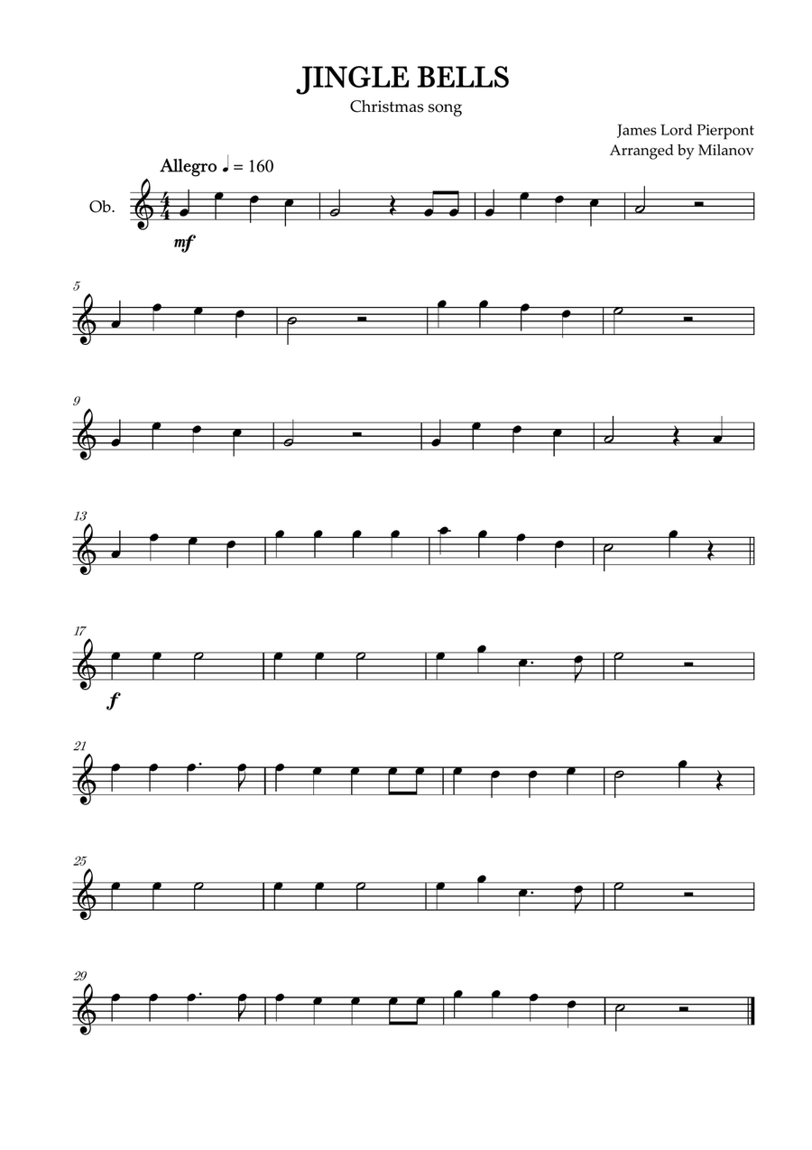 Book cover for Jingle Bells | Pierpont | Christmas song | oboe | easy | C Major