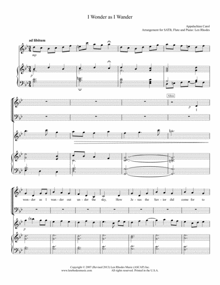"I Wonder As I Wander" - for SATB Choir, Flute and Piano