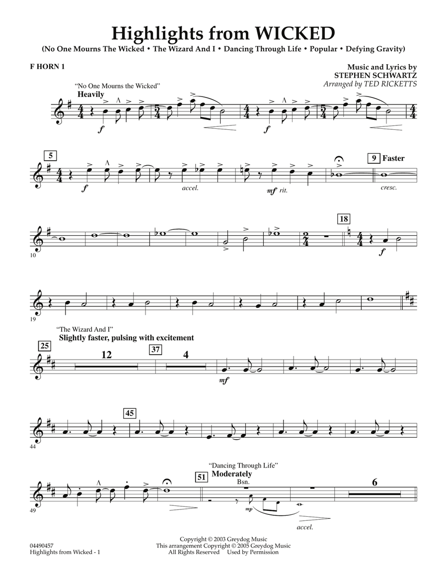 Highlights from Wicked - F Horn 1 Full Orchestra scores gallery preview page 1