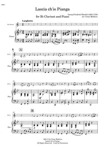 Lascia Ch'io Pianga - Bb Clarinet and Piano (Full Score and Parts) image number null