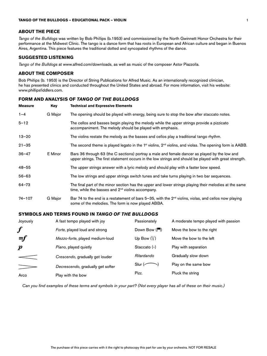 Tango of the Bulldogs: Violin Educational Pack