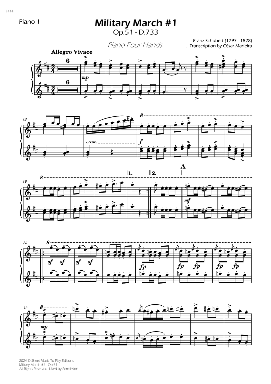 Military March No.1, Op.51 - Piano Four Hands (Individual Parts) 1 Piano, 4-Hands scores gallery preview page 1