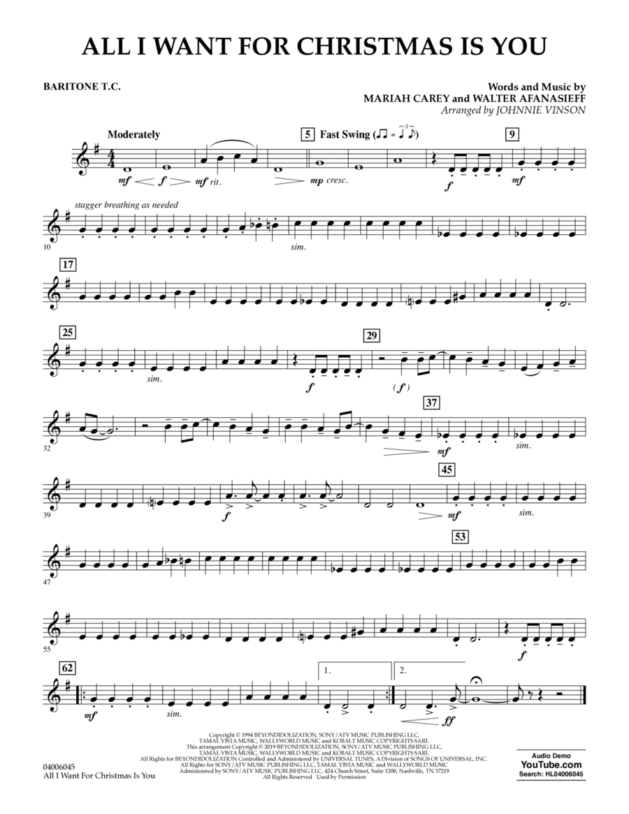 All I Want For Christmas Is You (arr. Johnnie Vinson) - Baritone T.C. Concert Band scores gallery preview page 1