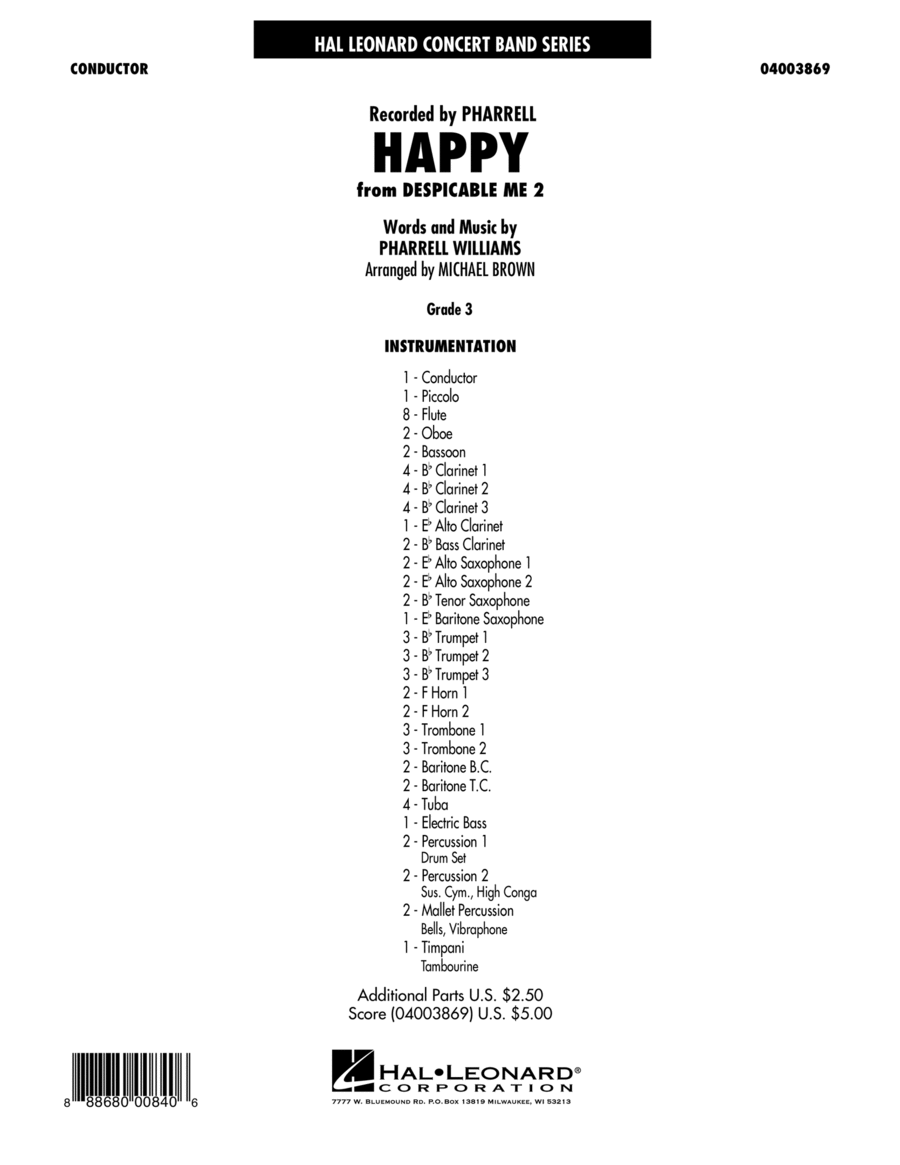 Happy (from Despicable Me 2) (arr. Michael Brown) - Conductor Score (Full Score) Concert Band scores gallery preview page 1