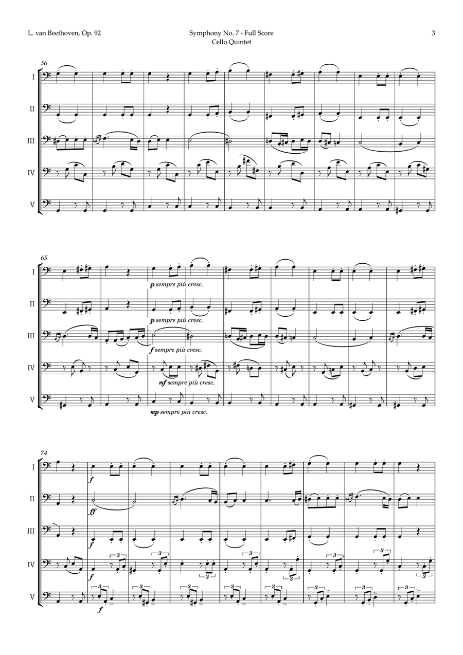 2nd Movement of Symphony No. 7 by Beethoven for Cello Quintet String Quintet scores gallery preview page 4