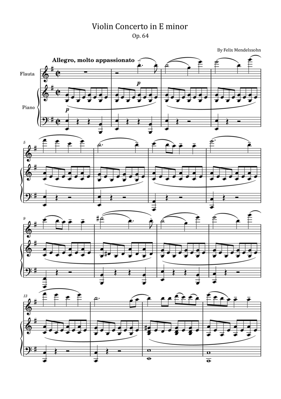 Mendelssohn - Violin Concerto in E minor Op.64 - For Flute and Piano Original Flute Solo scores gallery preview page 1