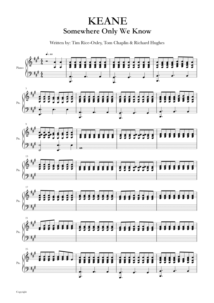 Somewhere Only We Know Piano Solo scores gallery preview page 1