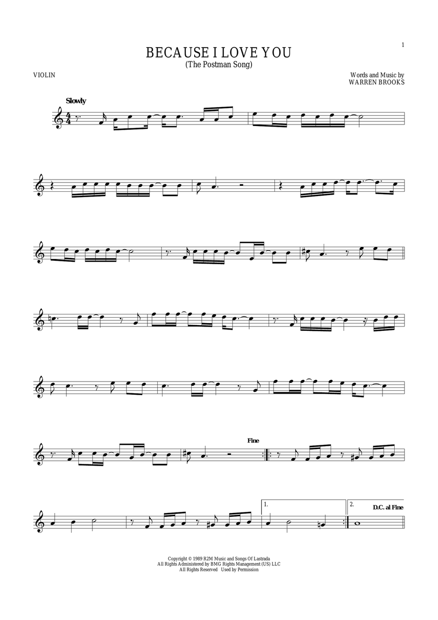Because I Love You (The Postman Song) Violin Solo scores gallery preview page 1