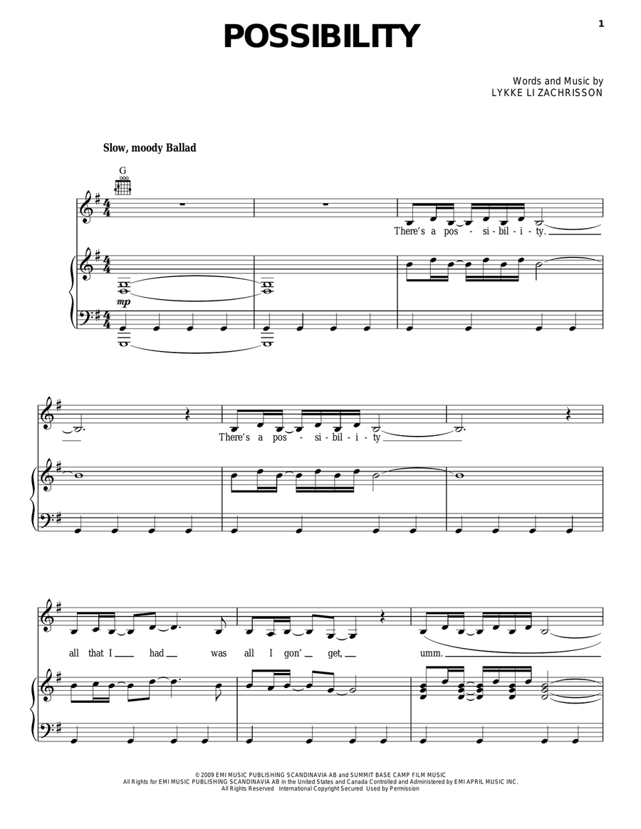 Possibility Piano, Vocal, Guitar scores gallery preview page 1