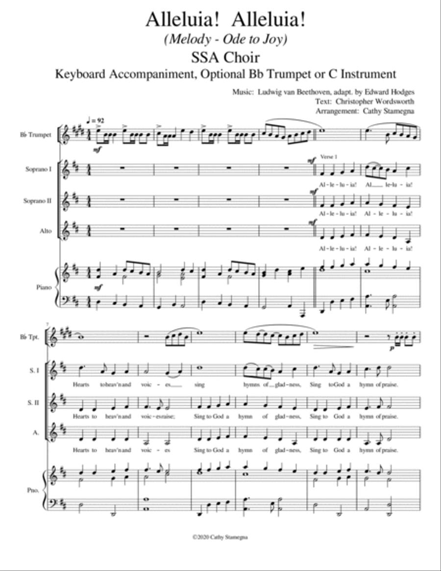 Alleluia! Alleluia! - (melody is Ode to Joy) - SSA Choir, Optional Bb Trumpet or C Instrument, Acc. SSA scores gallery preview page 2
