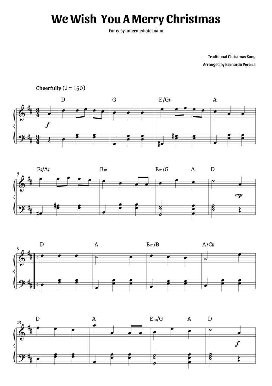 We Wish You A Merry Christmas (easy-intermediate piano in D major – clean with chords) Piano Solo scores gallery preview page 1