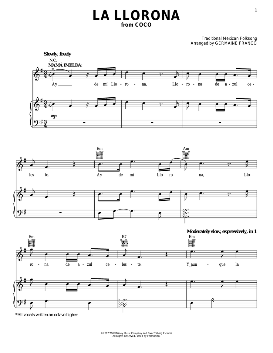 La Llorona (from Coco) Piano, Vocal, Guitar scores gallery preview page 1