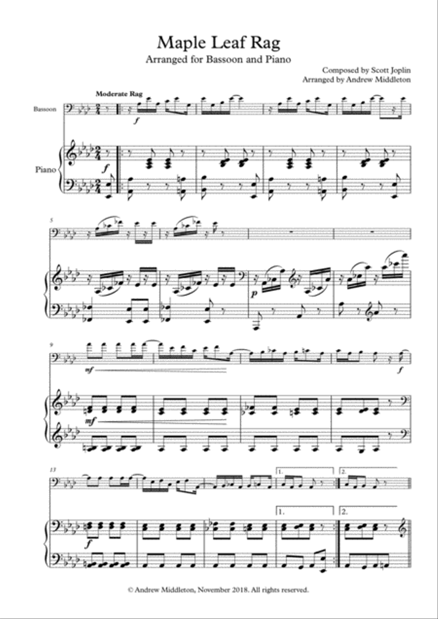 Maple Leaf Rag for Bassoon and Piano Small Ensemble scores gallery preview page 1