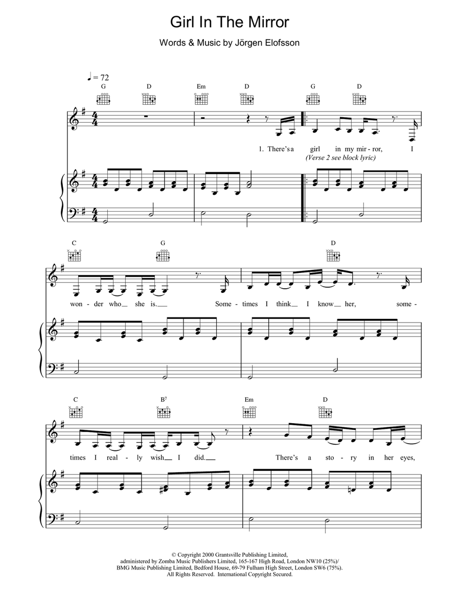 Girl In The Mirror Girl In The Mirror Piano, Vocal, Guitar scores gallery preview page 1