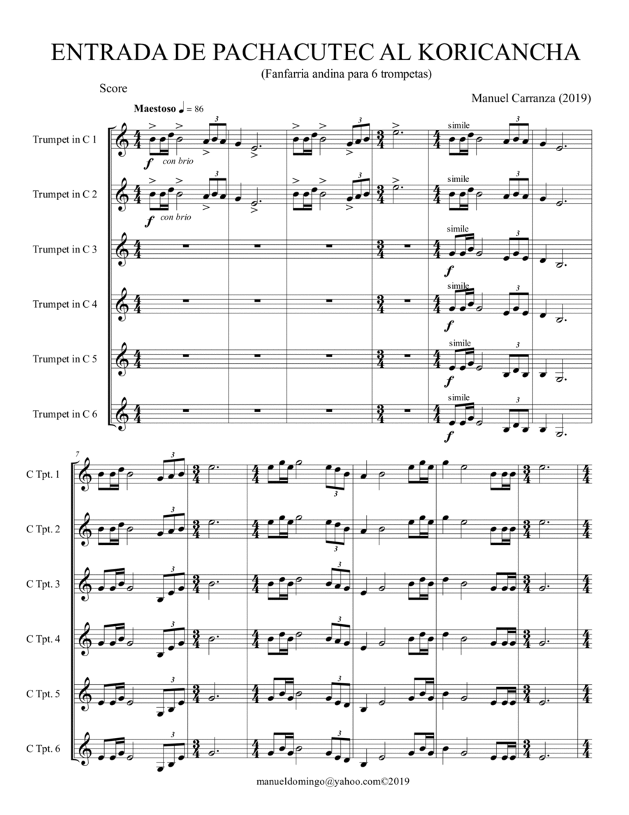 Entrance of Pachacutec to the Koricancha, Op7 for 6 trumpets Brass Ensemble scores gallery preview page 1
