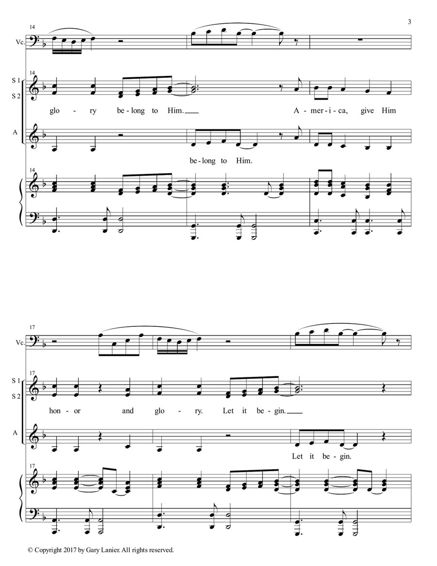 AMERICA, HONOR GOD (Ladies Trio - SSA with Cello & Piano) SSA scores gallery preview page 4