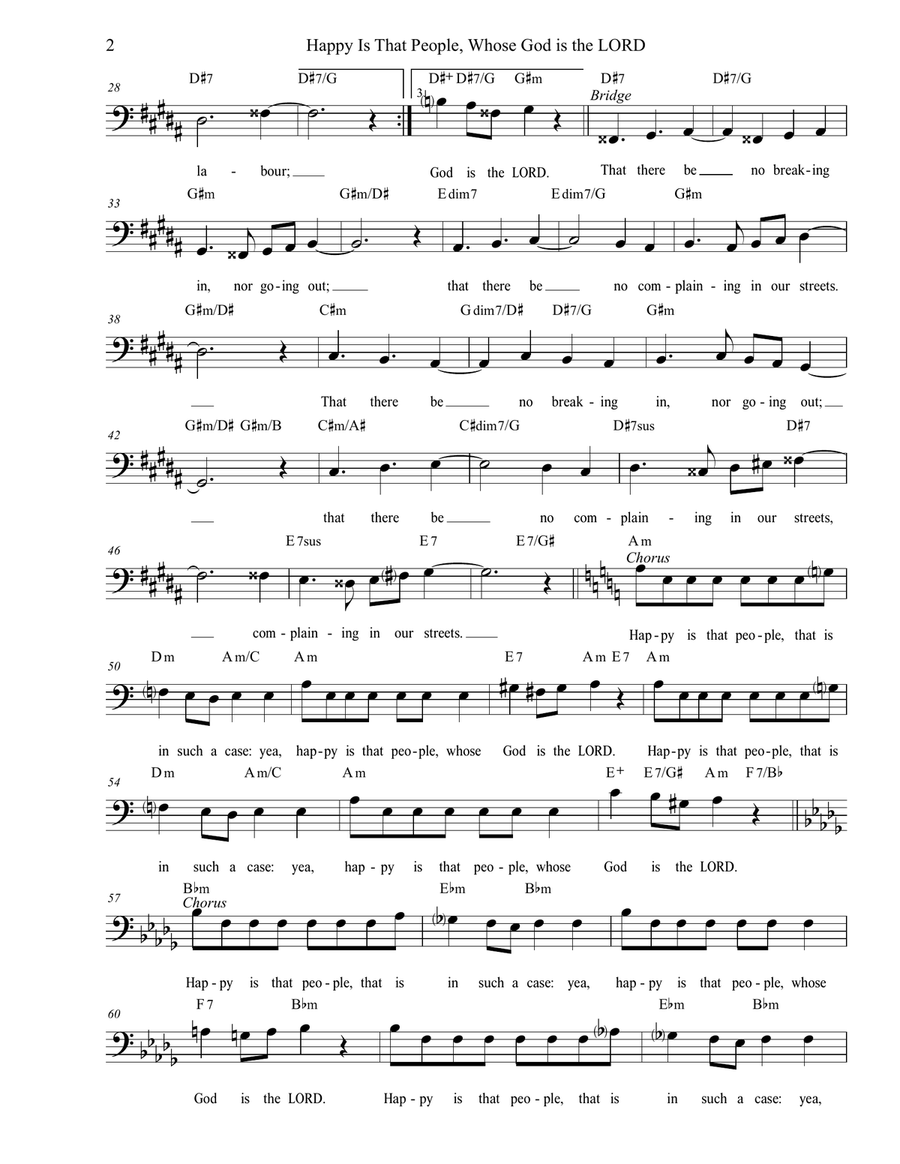 Happy Is That People (based on Psalm 144:12-15)--Bass solo or unison with piano chords Unison Choir scores gallery preview page 2