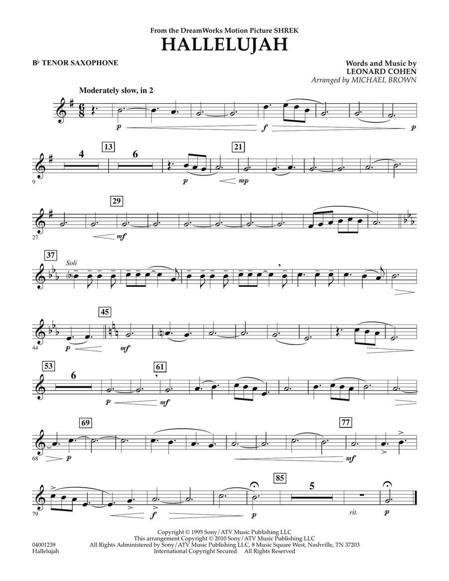 Hallelujah - Bb Tenor Saxophone Concert Band scores gallery preview page 1