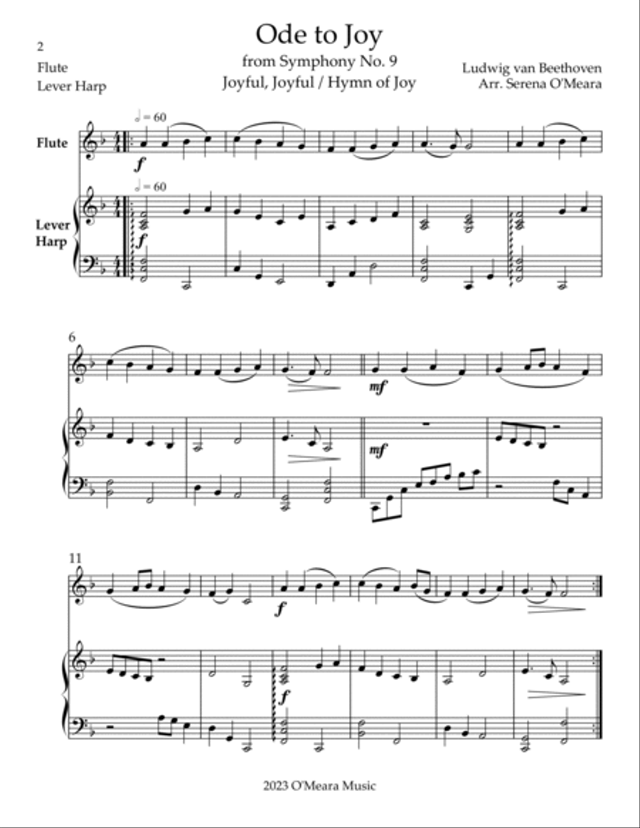 Ode to Joy, Duet for Flute & Lever Harp Flute scores gallery preview page 2