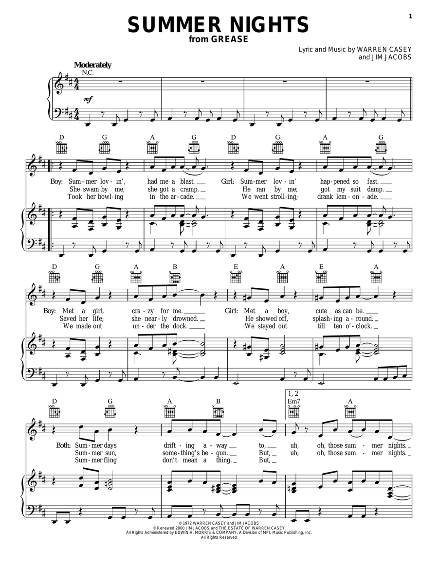 Summer Nights (from Grease) Piano, Vocal, Guitar scores gallery preview page 1