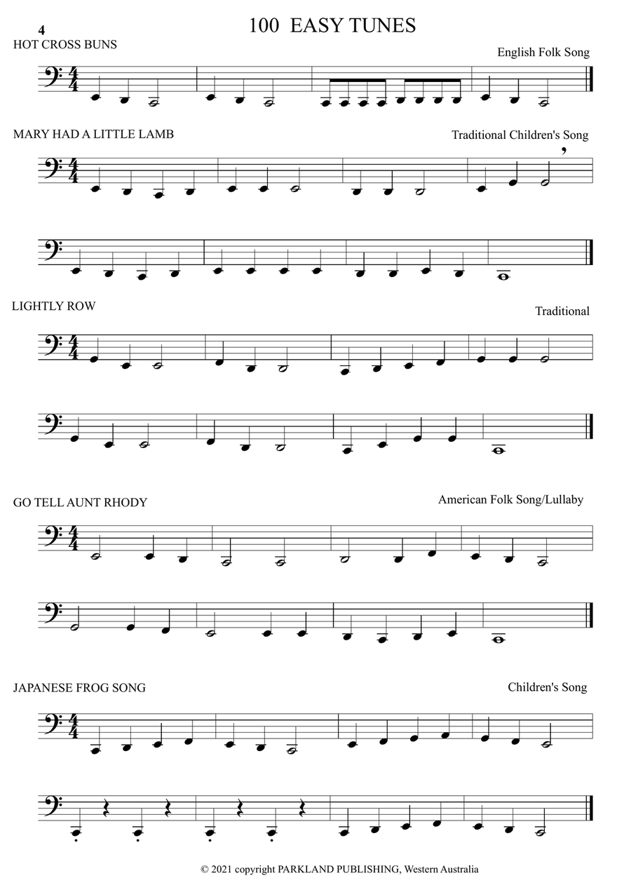 A LEARN TO PLAY book of 100 EASY TUNES and 10 EASY DUETS for Beginner TUBA, BASS CLEF Brass Duet scores gallery preview page 4