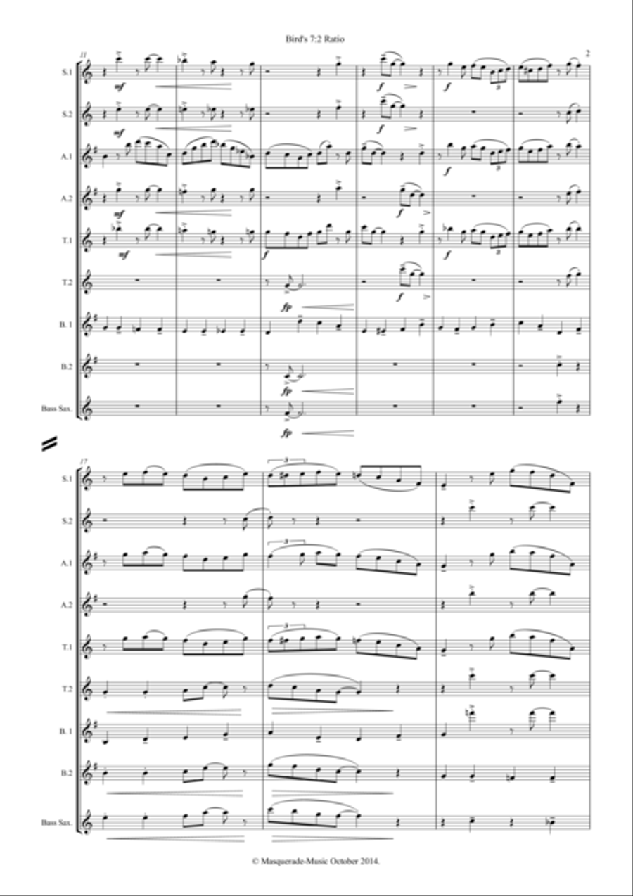 Bird's 7:2 Ratio Saxophone Octet (with optional Bass Sax) Woodwind Ensemble scores gallery preview page 2