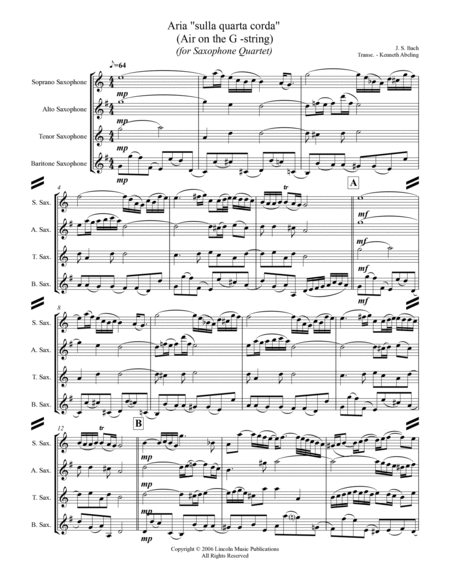 Bach - Aria "sulla quarta corda" - “Air on the G -string" (for Saxophone Quartet SATB) image number null