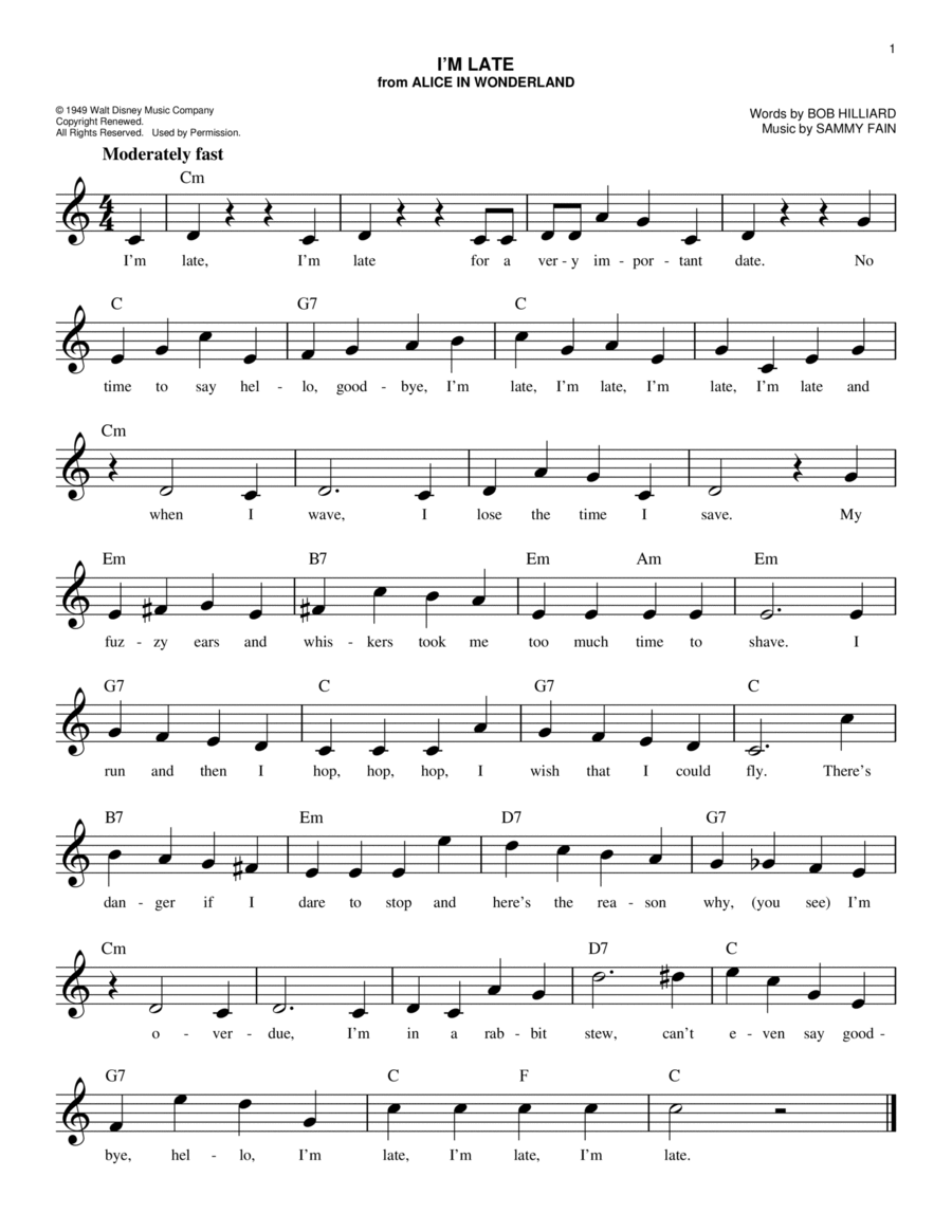 I'm Late (from Alice In Wonderland) Piano scores gallery preview page 1