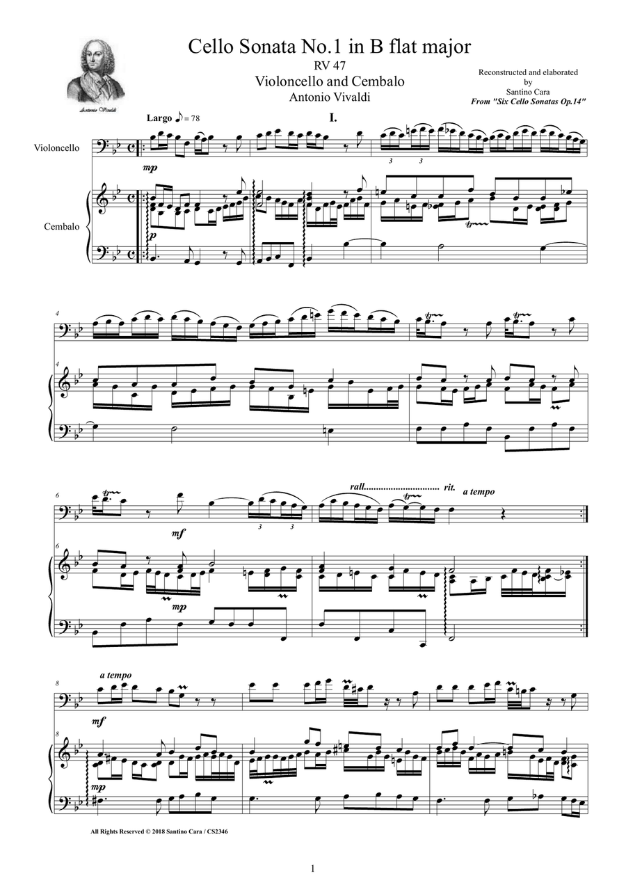 Vivaldi - Cello Sonata No.1 in B flat Op.14 RV 47 for Cello and Cembalo (or Piano) String Duet scores gallery preview page 1