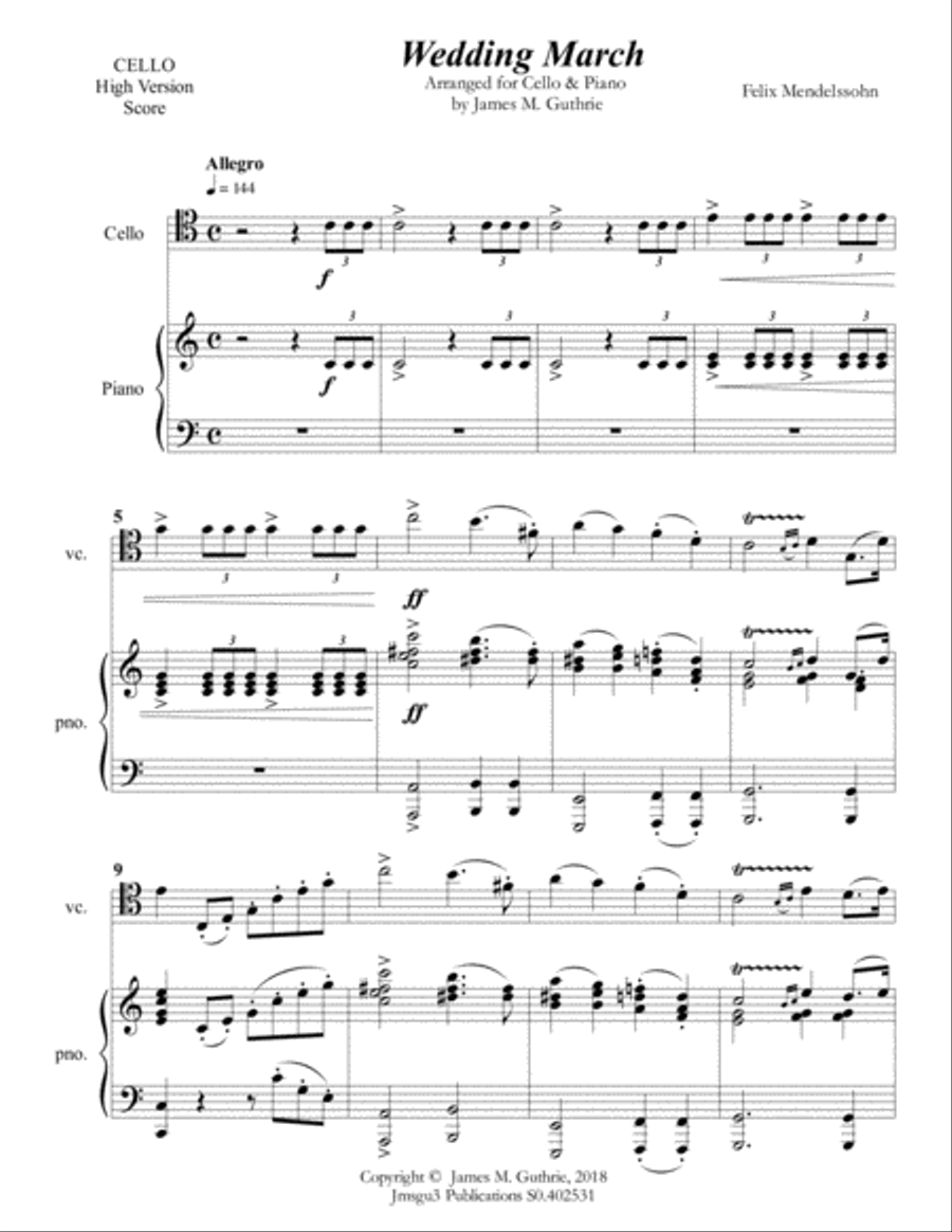Mendelssohn: Wedding March for Cello & Piano - High Version Piano Accompaniment scores gallery preview page 2