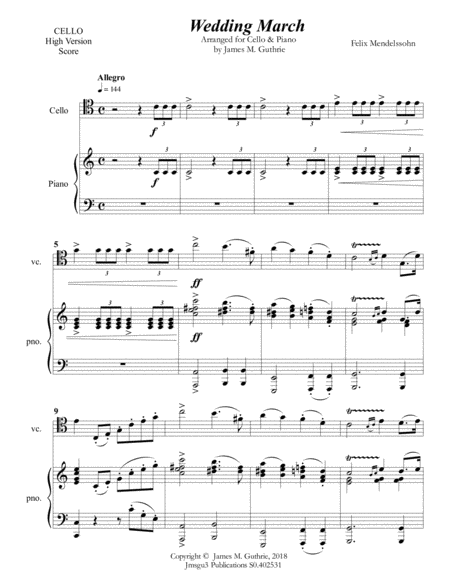 Mendelssohn: Wedding March for Cello & Piano - High Version image number null