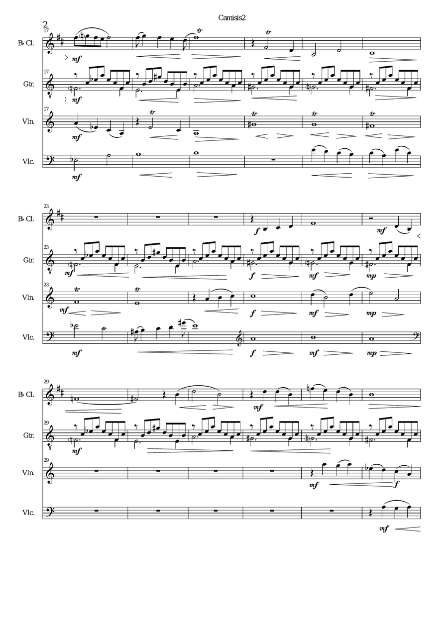 Camisis 2 for clarinet, violin, cello and guitar Small Ensemble scores gallery preview page 2