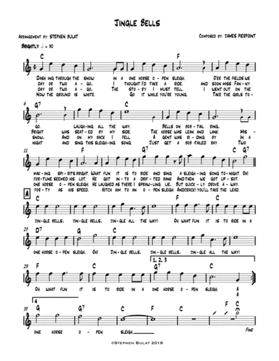 Jingle Bells - Lead sheet (melody, lyrics & chords) in key of C
